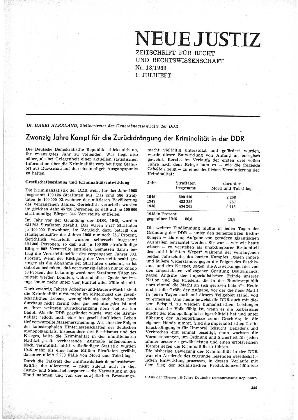 Neue Justiz (NJ), Zeitschrift für Recht und Rechtswissenschaft [Deutsche Demokratische Republik (DDR)], 23. Jahrgang 1969, Seite 385 (NJ DDR 1969, S. 385)