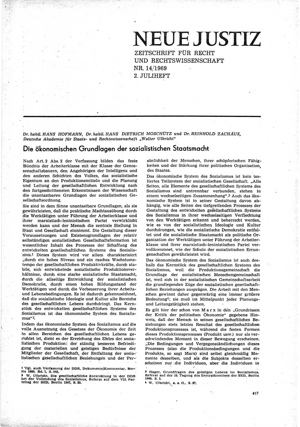 Neue Justiz (NJ), Zeitschrift für Recht und Rechtswissenschaft [Deutsche Demokratische Republik (DDR)], 23. Jahrgang 1969, Seite 417 (NJ DDR 1969, S. 417)
