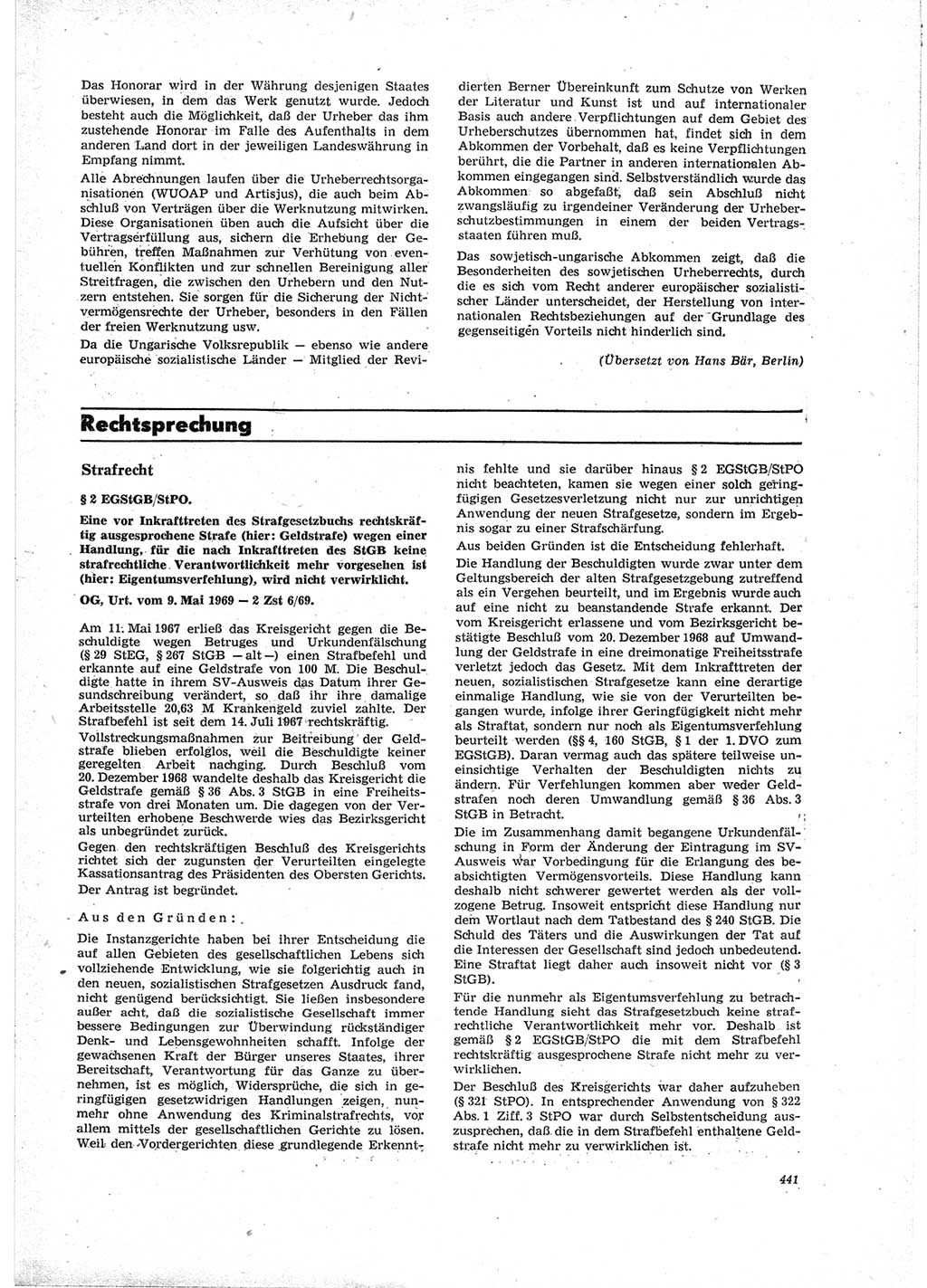 Neue Justiz (NJ), Zeitschrift für Recht und Rechtswissenschaft [Deutsche Demokratische Republik (DDR)], 23. Jahrgang 1969, Seite 441 (NJ DDR 1969, S. 441)