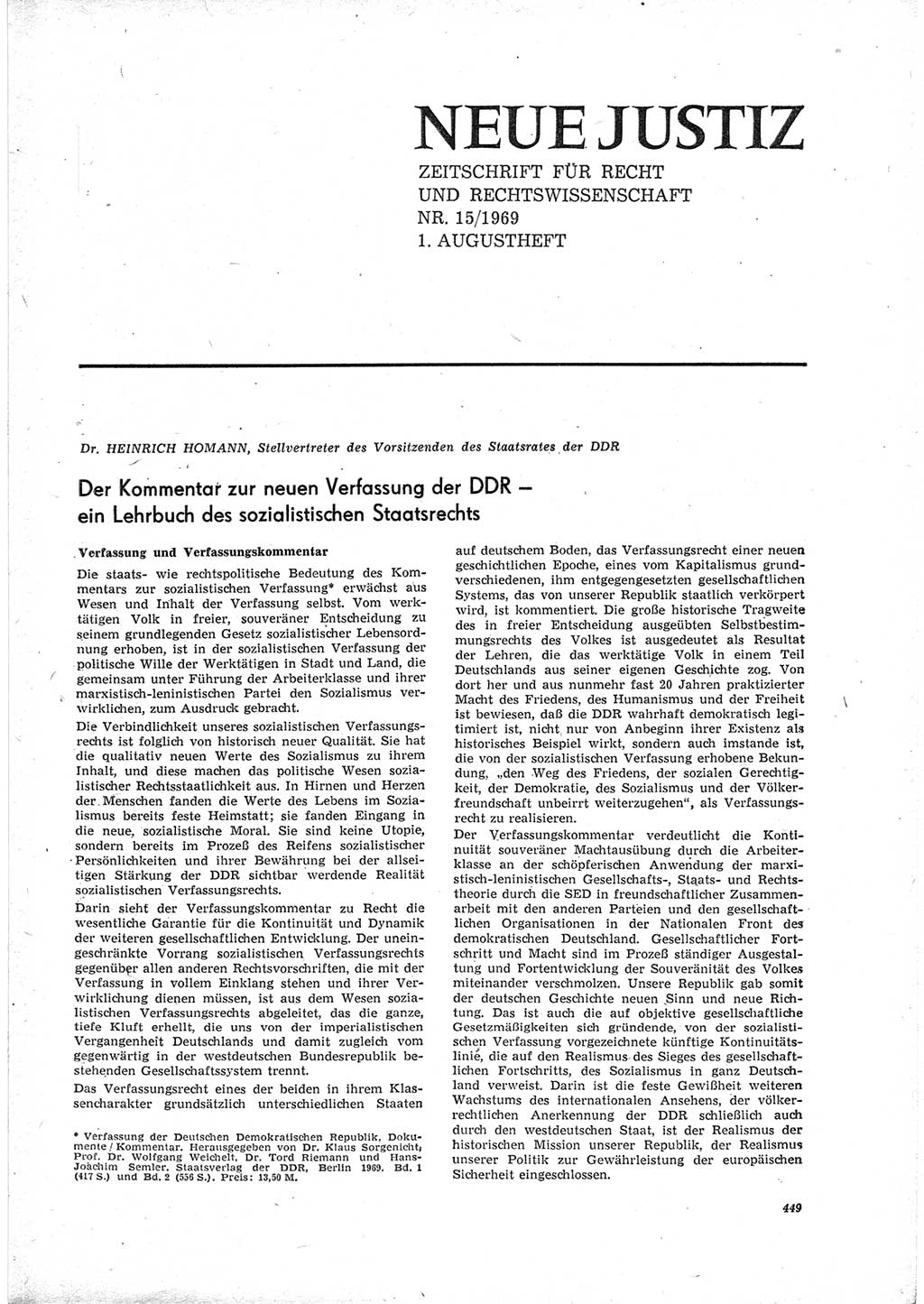 Neue Justiz (NJ), Zeitschrift für Recht und Rechtswissenschaft [Deutsche Demokratische Republik (DDR)], 23. Jahrgang 1969, Seite 449 (NJ DDR 1969, S. 449)