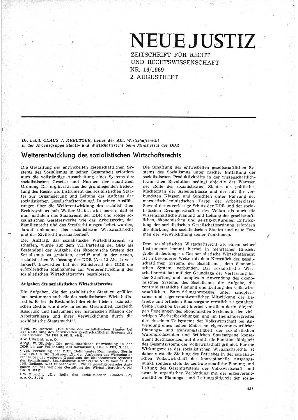 Neue Justiz (NJ), Zeitschrift für Recht und Rechtswissenschaft [Deutsche Demokratische Republik (DDR)], 23. Jahrgang 1969, Seite 481 (NJ DDR 1969, S. 481)