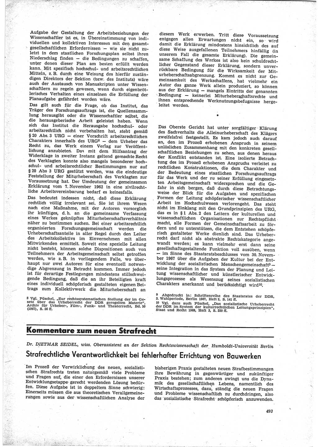 Neue Justiz (NJ), Zeitschrift für Recht und Rechtswissenschaft [Deutsche Demokratische Republik (DDR)], 23. Jahrgang 1969, Seite 493 (NJ DDR 1969, S. 493)