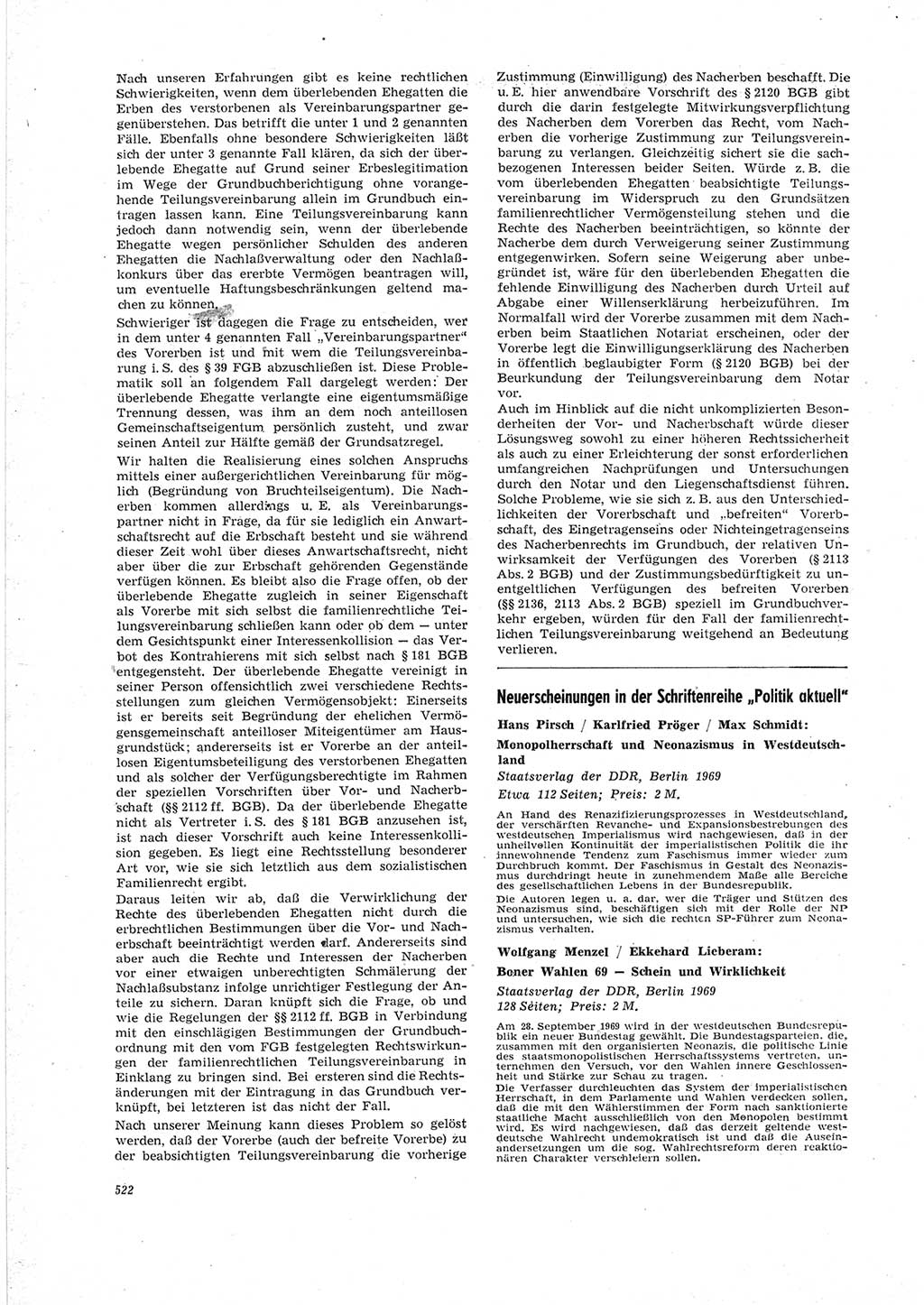 Neue Justiz (NJ), Zeitschrift für Recht und Rechtswissenschaft [Deutsche Demokratische Republik (DDR)], 23. Jahrgang 1969, Seite 522 (NJ DDR 1969, S. 522)