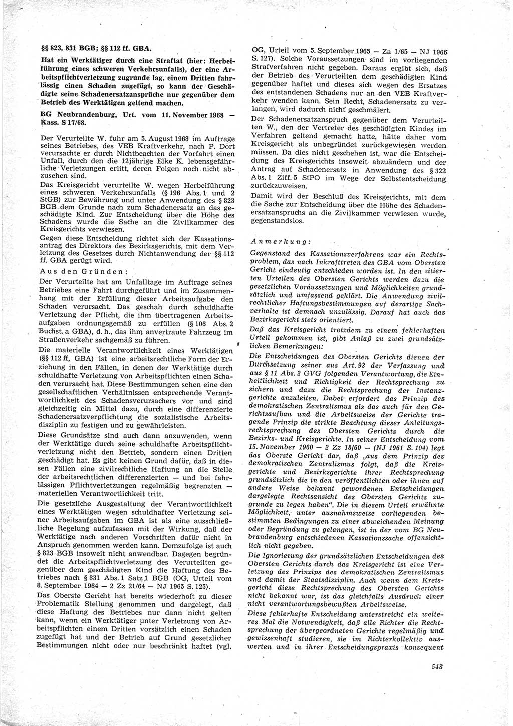 Neue Justiz (NJ), Zeitschrift für Recht und Rechtswissenschaft [Deutsche Demokratische Republik (DDR)], 23. Jahrgang 1969, Seite 543 (NJ DDR 1969, S. 543)