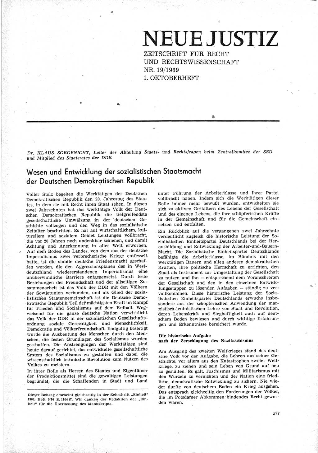 Neue Justiz (NJ), Zeitschrift für Recht und Rechtswissenschaft [Deutsche Demokratische Republik (DDR)], 23. Jahrgang 1969, Seite 577 (NJ DDR 1969, S. 577)