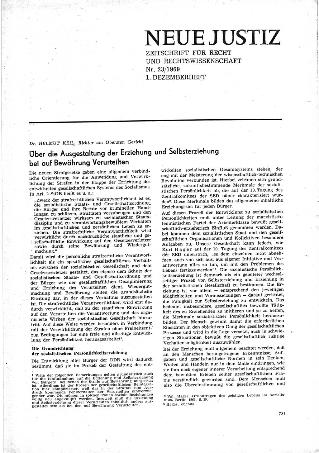 Neue Justiz (NJ), Zeitschrift für Recht und Rechtswissenschaft [Deutsche Demokratische Republik (DDR)], 23. Jahrgang 1969, Seite 721 (NJ DDR 1969, S. 721)