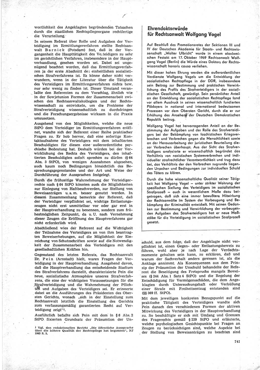 Neue Justiz (NJ), Zeitschrift für Recht und Rechtswissenschaft [Deutsche Demokratische Republik (DDR)], 23. Jahrgang 1969, Seite 741 (NJ DDR 1969, S. 741)