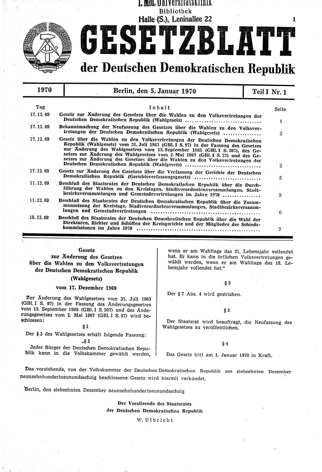 Gesetzblatt (GBl.) der Deutschen Demokratischen Republik (DDR) Teil Ⅰ 1970, Seite 1 (GBl. DDR Ⅰ 1970, S. 1)