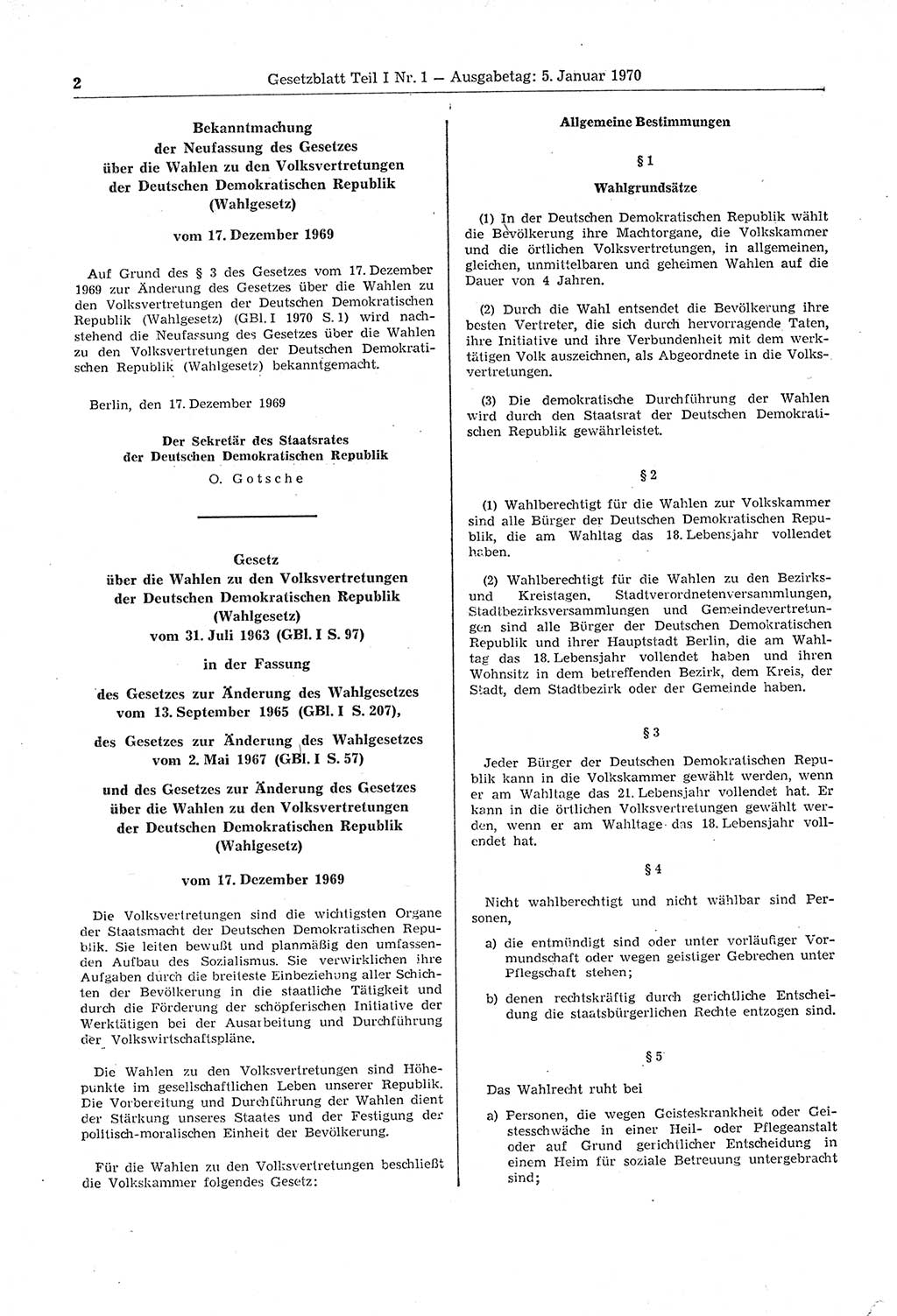 Gesetzblatt (GBl.) der Deutschen Demokratischen Republik (DDR) Teil Ⅰ 1970, Seite 2 (GBl. DDR Ⅰ 1970, S. 2)