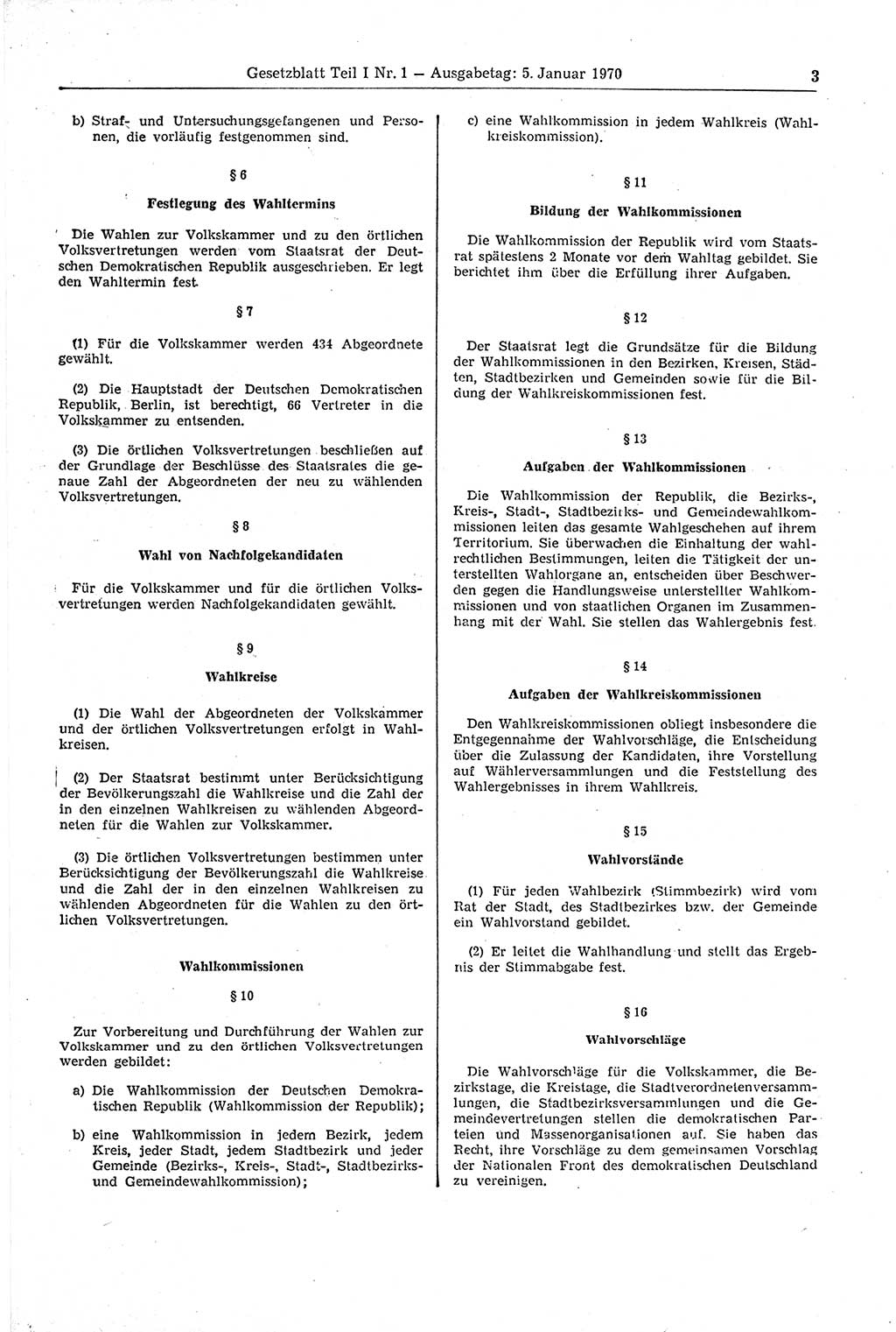 Gesetzblatt (GBl.) der Deutschen Demokratischen Republik (DDR) Teil Ⅰ 1970, Seite 3 (GBl. DDR Ⅰ 1970, S. 3)