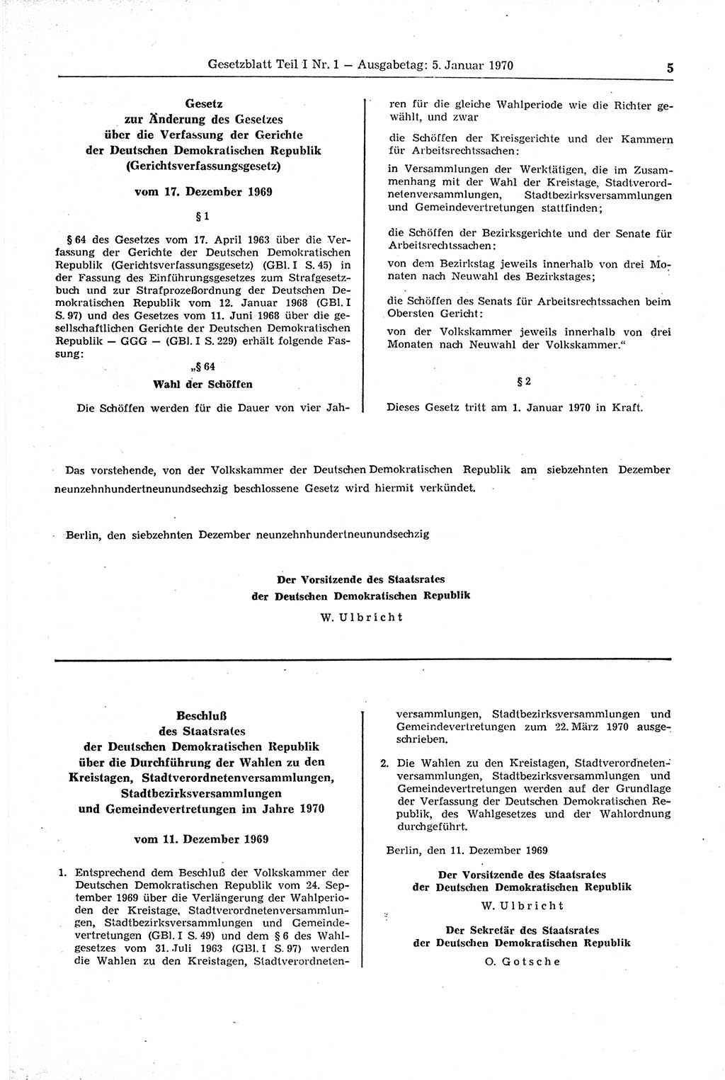 Gesetzblatt (GBl.) der Deutschen Demokratischen Republik (DDR) Teil Ⅰ 1970, Seite 5 (GBl. DDR Ⅰ 1970, S. 5)