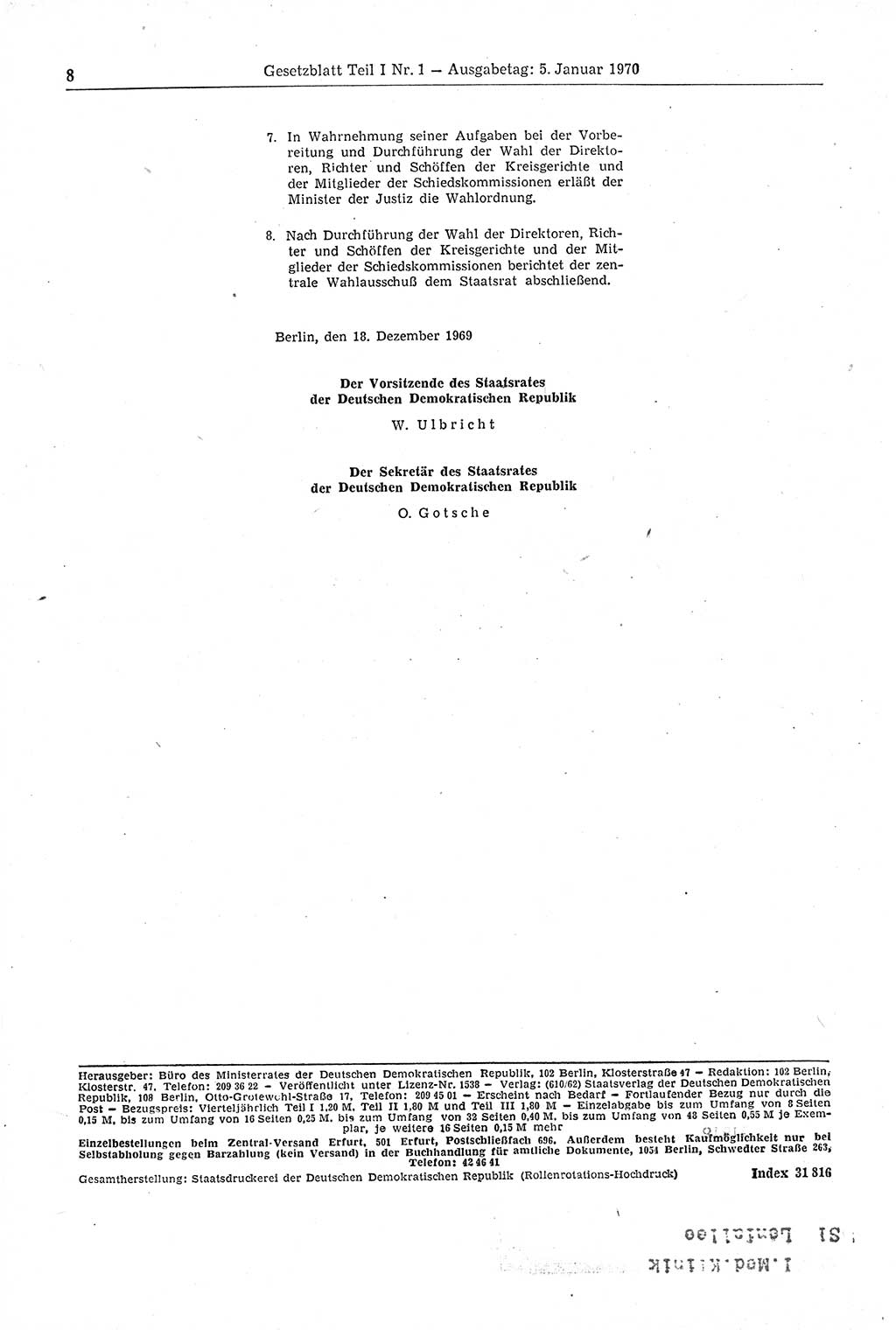Gesetzblatt (GBl.) der Deutschen Demokratischen Republik (DDR) Teil Ⅰ 1970, Seite 8 (GBl. DDR Ⅰ 1970, S. 8)