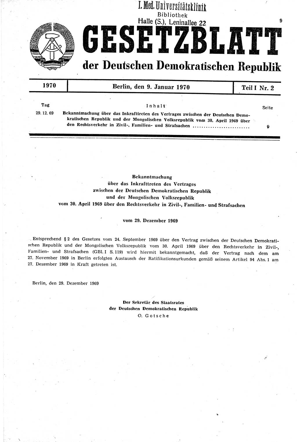 Gesetzblatt (GBl.) der Deutschen Demokratischen Republik (DDR) Teil Ⅰ 1970, Seite 9 (GBl. DDR Ⅰ 1970, S. 9)