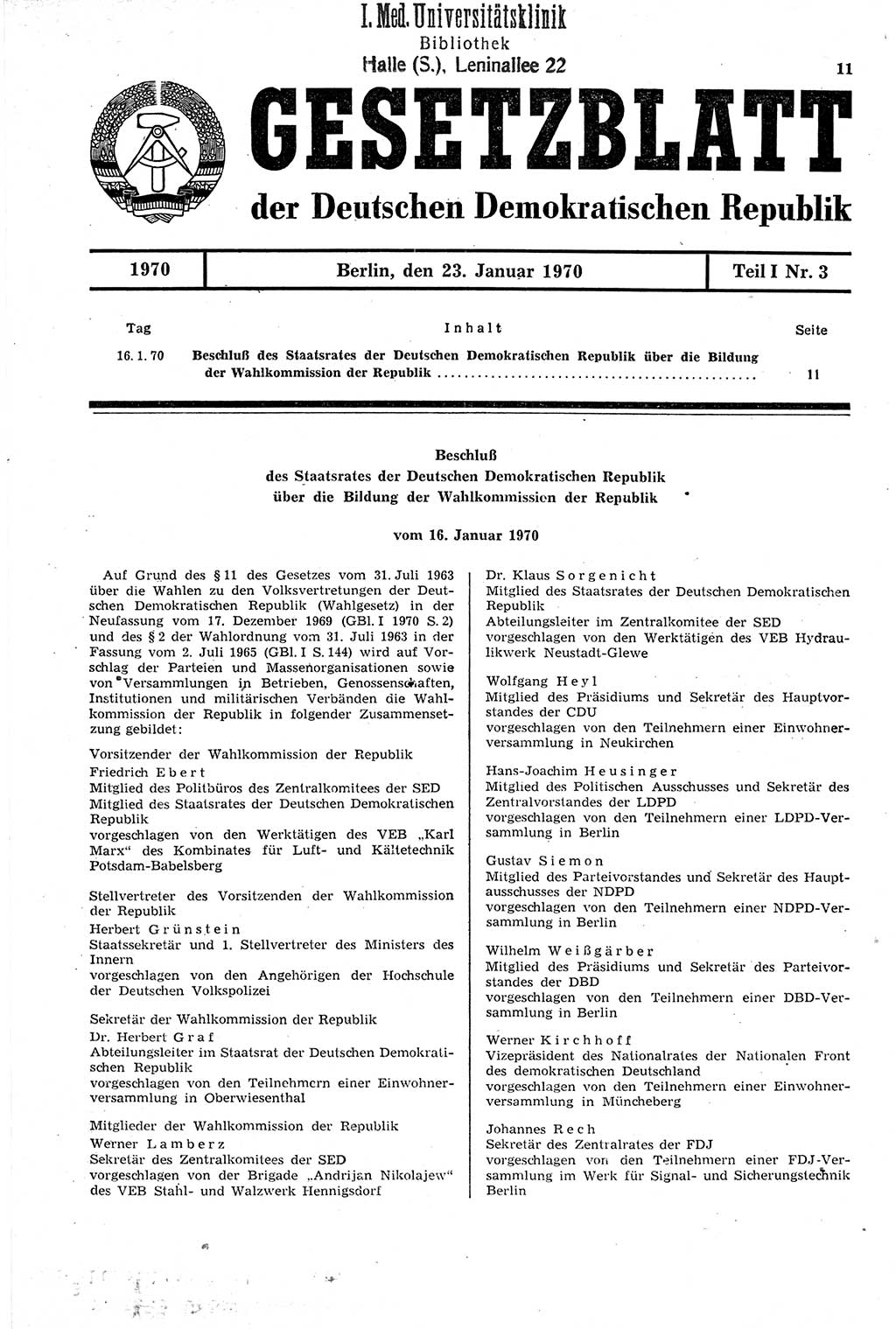 Gesetzblatt (GBl.) der Deutschen Demokratischen Republik (DDR) Teil Ⅰ 1970, Seite 11 (GBl. DDR Ⅰ 1970, S. 11)