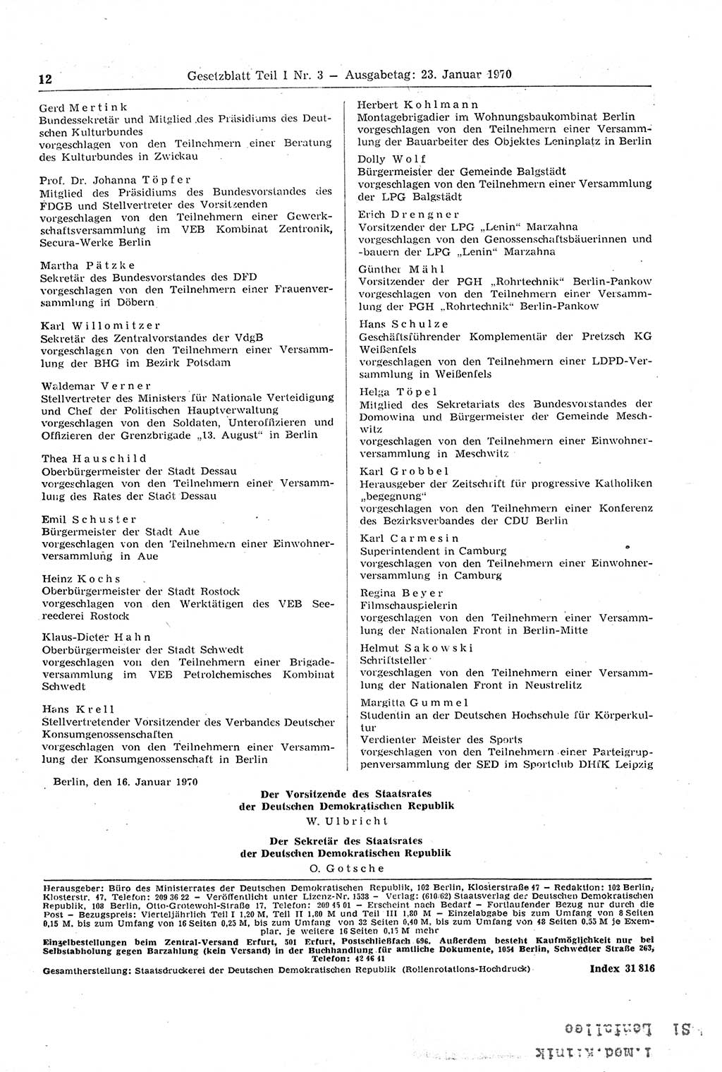Gesetzblatt (GBl.) der Deutschen Demokratischen Republik (DDR) Teil Ⅰ 1970, Seite 12 (GBl. DDR Ⅰ 1970, S. 12)
