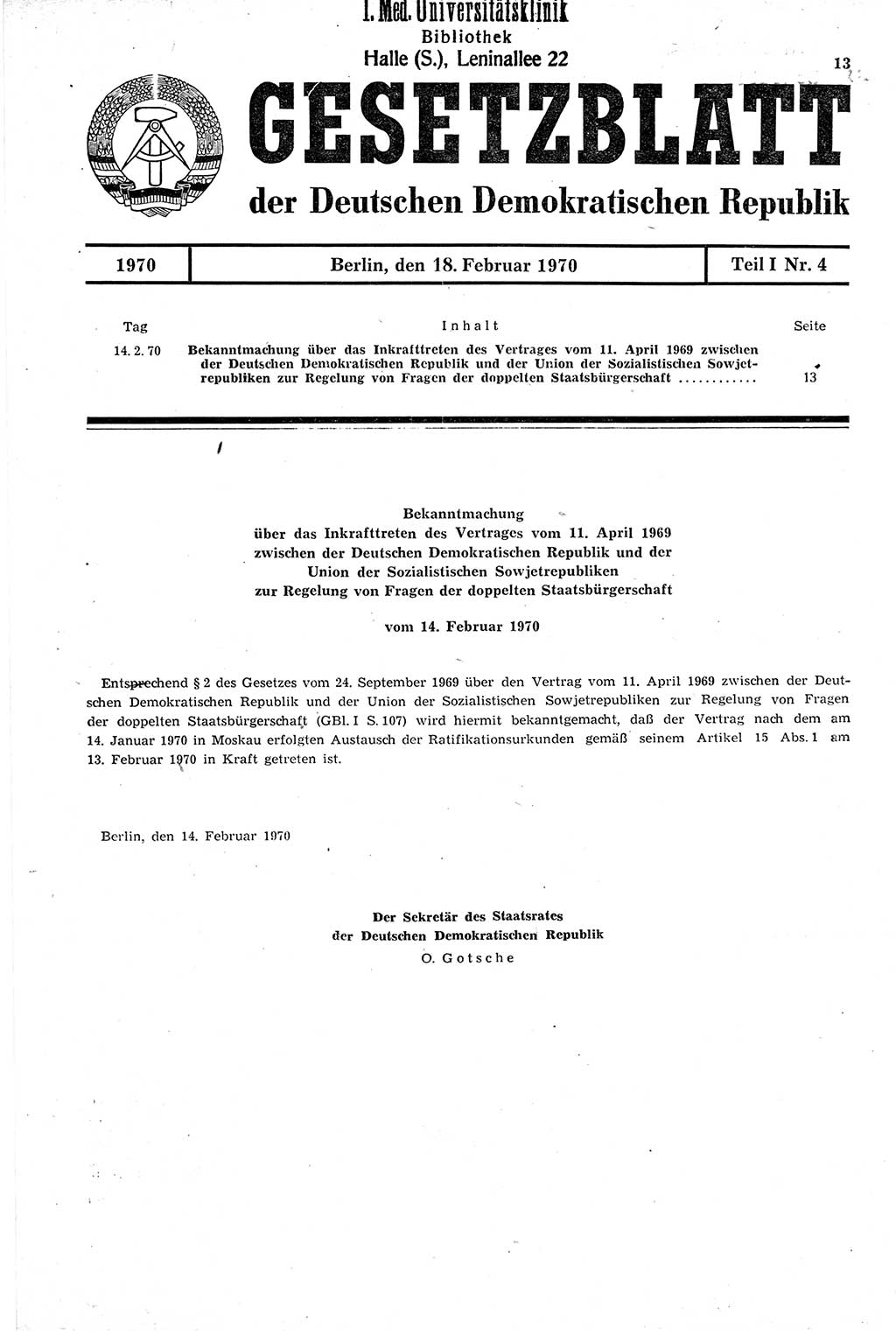 Gesetzblatt (GBl.) der Deutschen Demokratischen Republik (DDR) Teil Ⅰ 1970, Seite 13 (GBl. DDR Ⅰ 1970, S. 13)