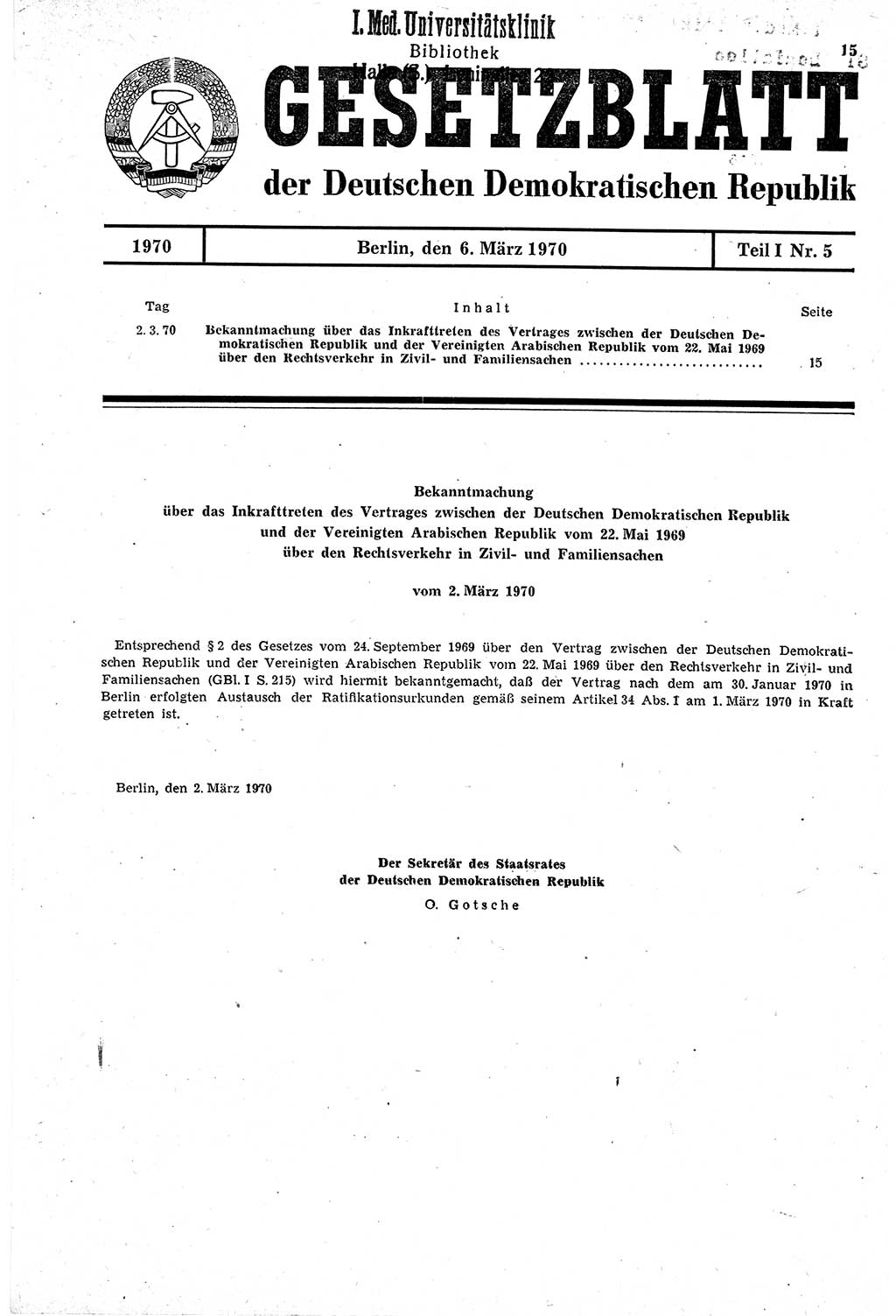 Gesetzblatt (GBl.) der Deutschen Demokratischen Republik (DDR) Teil Ⅰ 1970, Seite 15 (GBl. DDR Ⅰ 1970, S. 15)
