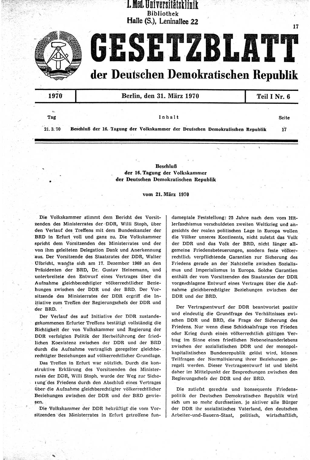 Gesetzblatt (GBl.) der Deutschen Demokratischen Republik (DDR) Teil Ⅰ 1970, Seite 17 (GBl. DDR Ⅰ 1970, S. 17)