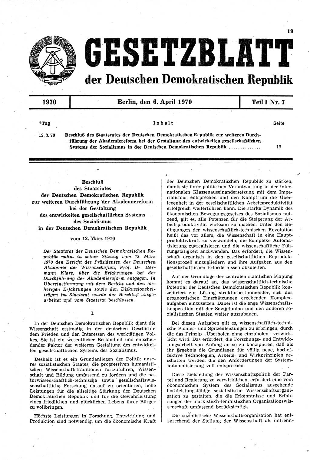 Gesetzblatt (GBl.) der Deutschen Demokratischen Republik (DDR) Teil Ⅰ 1970, Seite 19 (GBl. DDR Ⅰ 1970, S. 19)