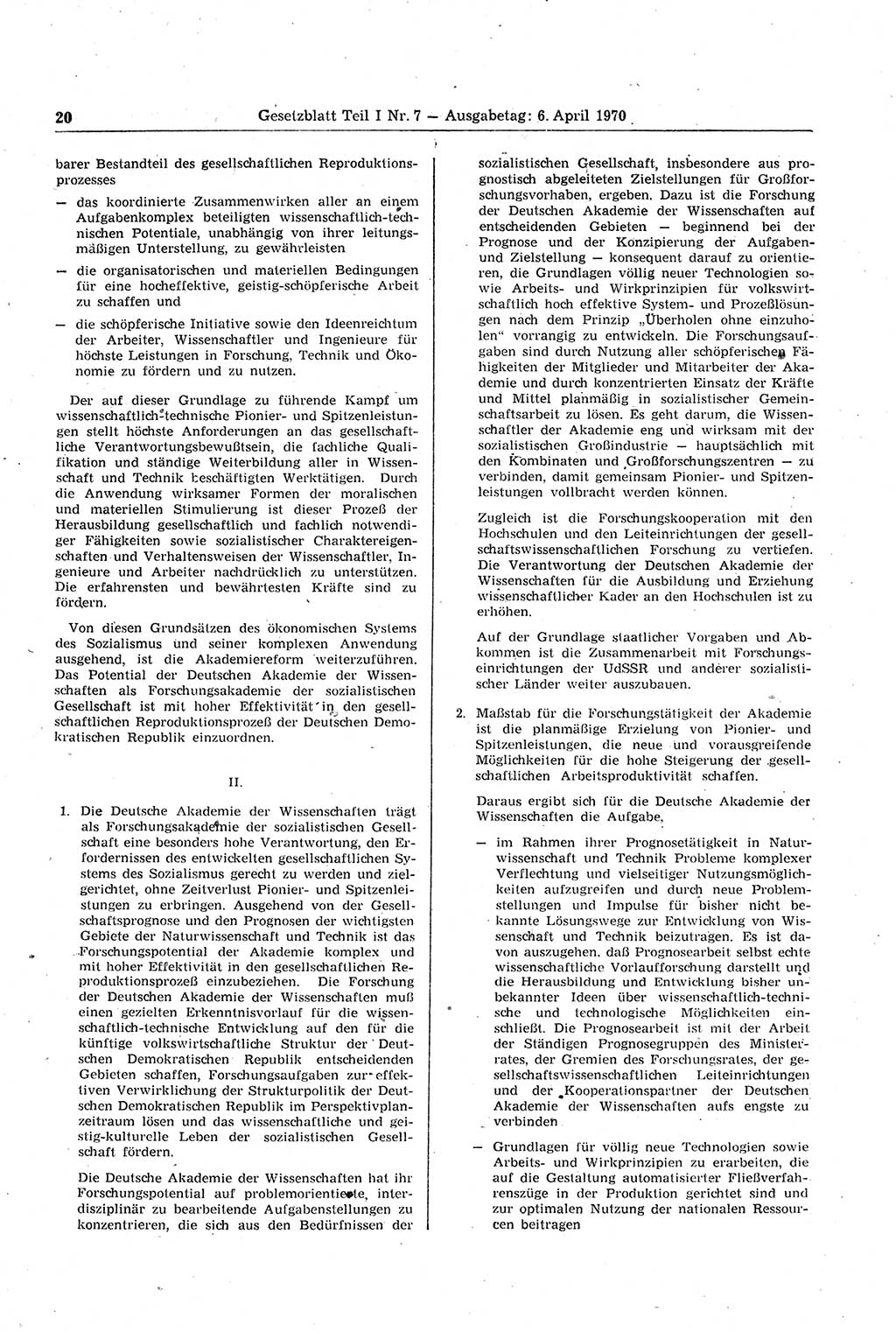 Gesetzblatt (GBl.) der Deutschen Demokratischen Republik (DDR) Teil Ⅰ 1970, Seite 20 (GBl. DDR Ⅰ 1970, S. 20)