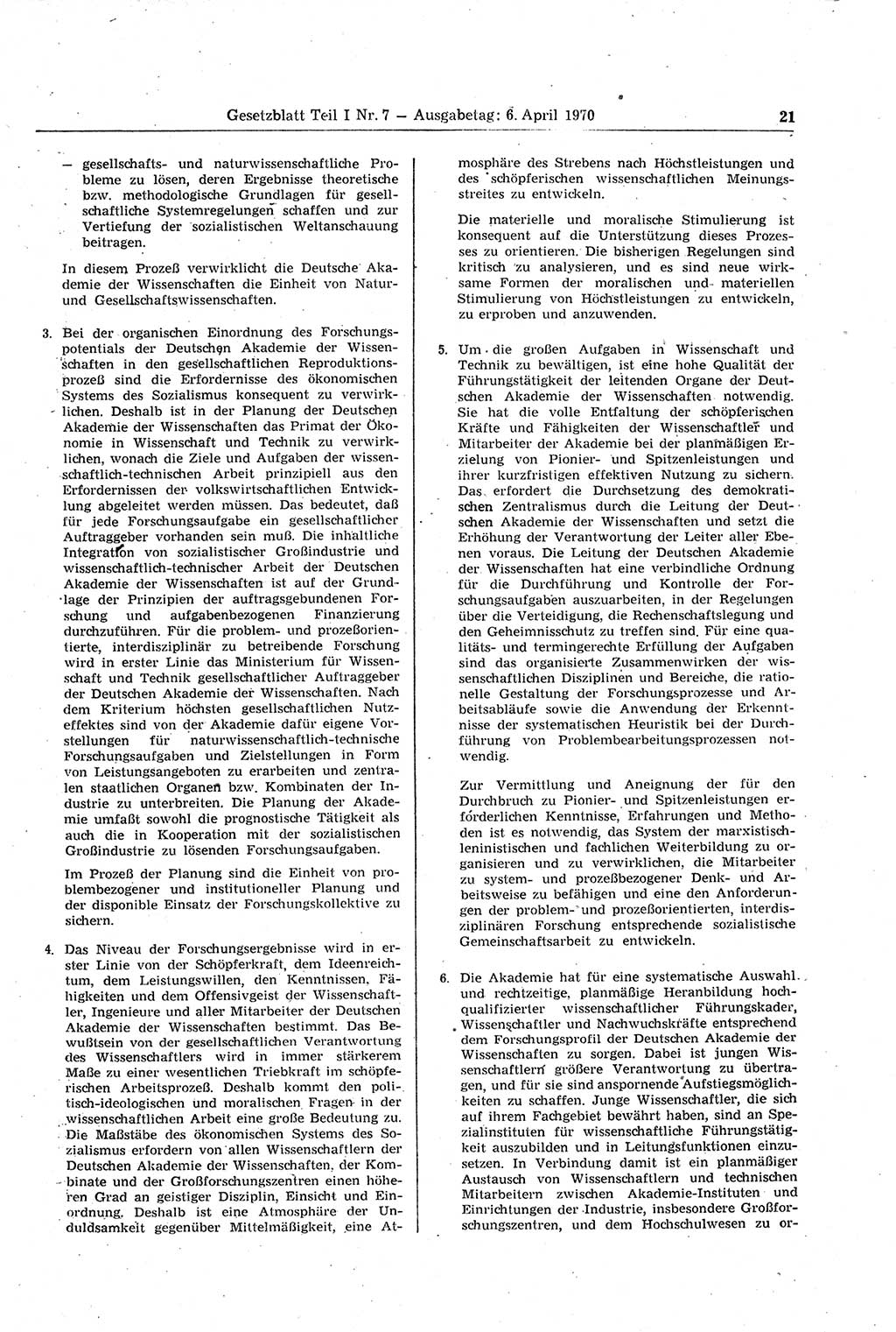 Gesetzblatt (GBl.) der Deutschen Demokratischen Republik (DDR) Teil Ⅰ 1970, Seite 21 (GBl. DDR Ⅰ 1970, S. 21)