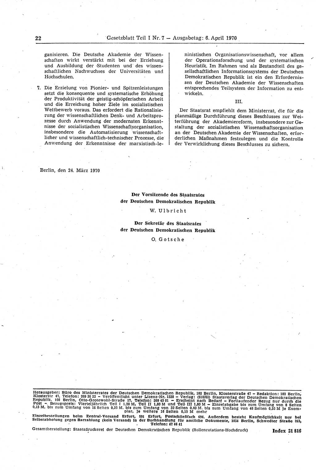 Gesetzblatt (GBl.) der Deutschen Demokratischen Republik (DDR) Teil Ⅰ 1970, Seite 22 (GBl. DDR Ⅰ 1970, S. 22)