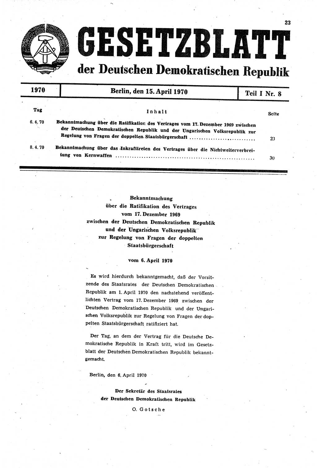 Gesetzblatt (GBl.) der Deutschen Demokratischen Republik (DDR) Teil Ⅰ 1970, Seite 23 (GBl. DDR Ⅰ 1970, S. 23)