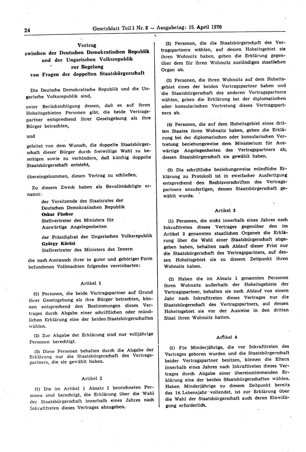 Gesetzblatt (GBl.) der Deutschen Demokratischen Republik (DDR) Teil Ⅰ 1970, Seite 24 (GBl. DDR Ⅰ 1970, S. 24)