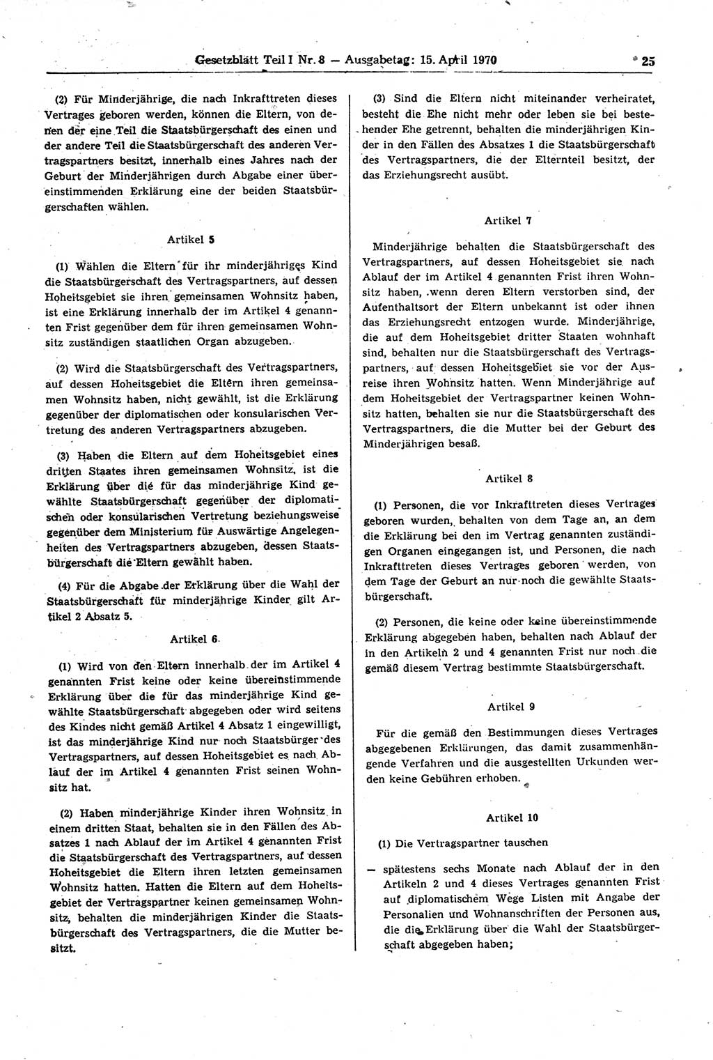 Gesetzblatt (GBl.) der Deutschen Demokratischen Republik (DDR) Teil Ⅰ 1970, Seite 25 (GBl. DDR Ⅰ 1970, S. 25)