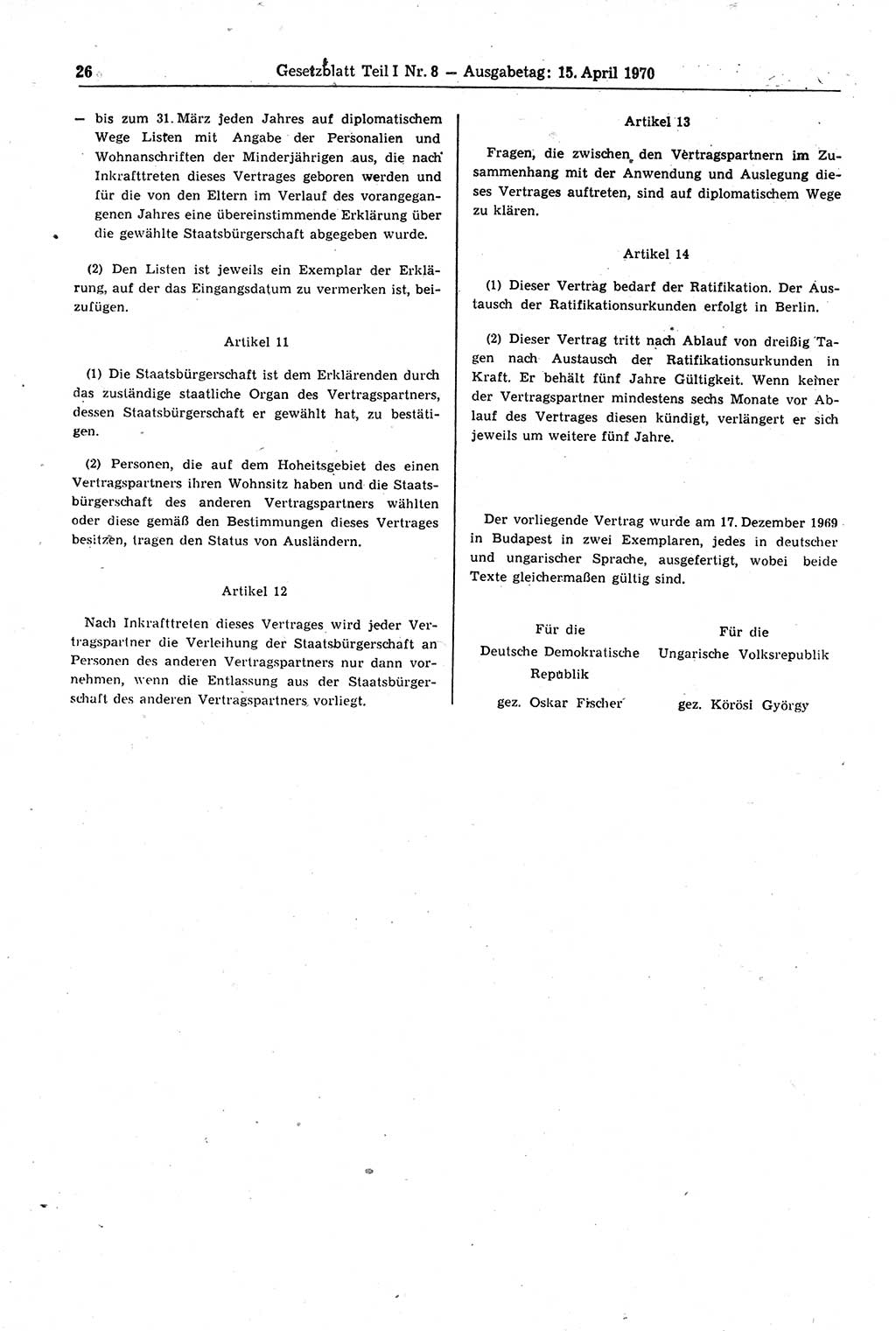 Gesetzblatt (GBl.) der Deutschen Demokratischen Republik (DDR) Teil Ⅰ 1970, Seite 26 (GBl. DDR Ⅰ 1970, S. 26)