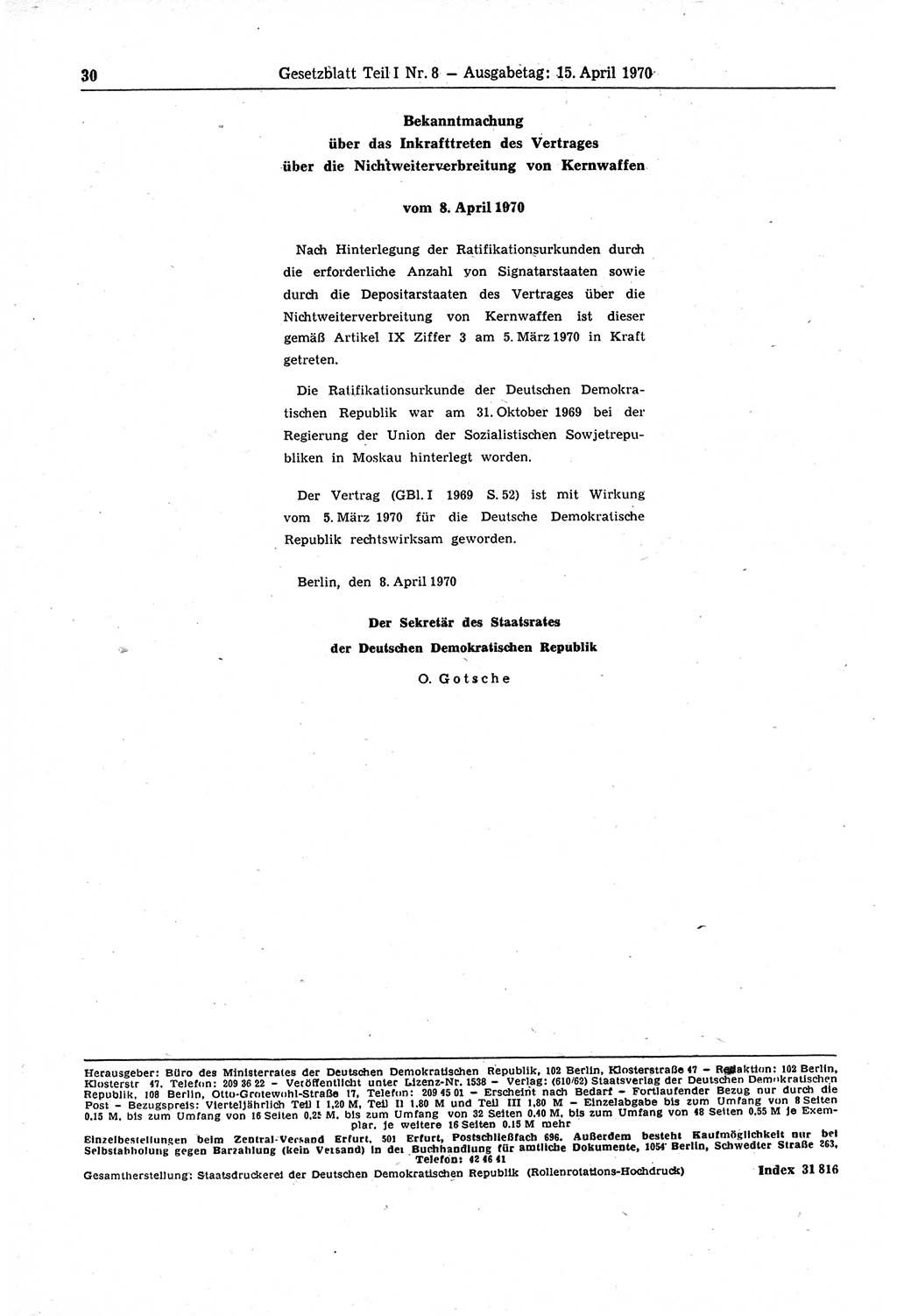 Gesetzblatt (GBl.) der Deutschen Demokratischen Republik (DDR) Teil Ⅰ 1970, Seite 30 (GBl. DDR Ⅰ 1970, S. 30)