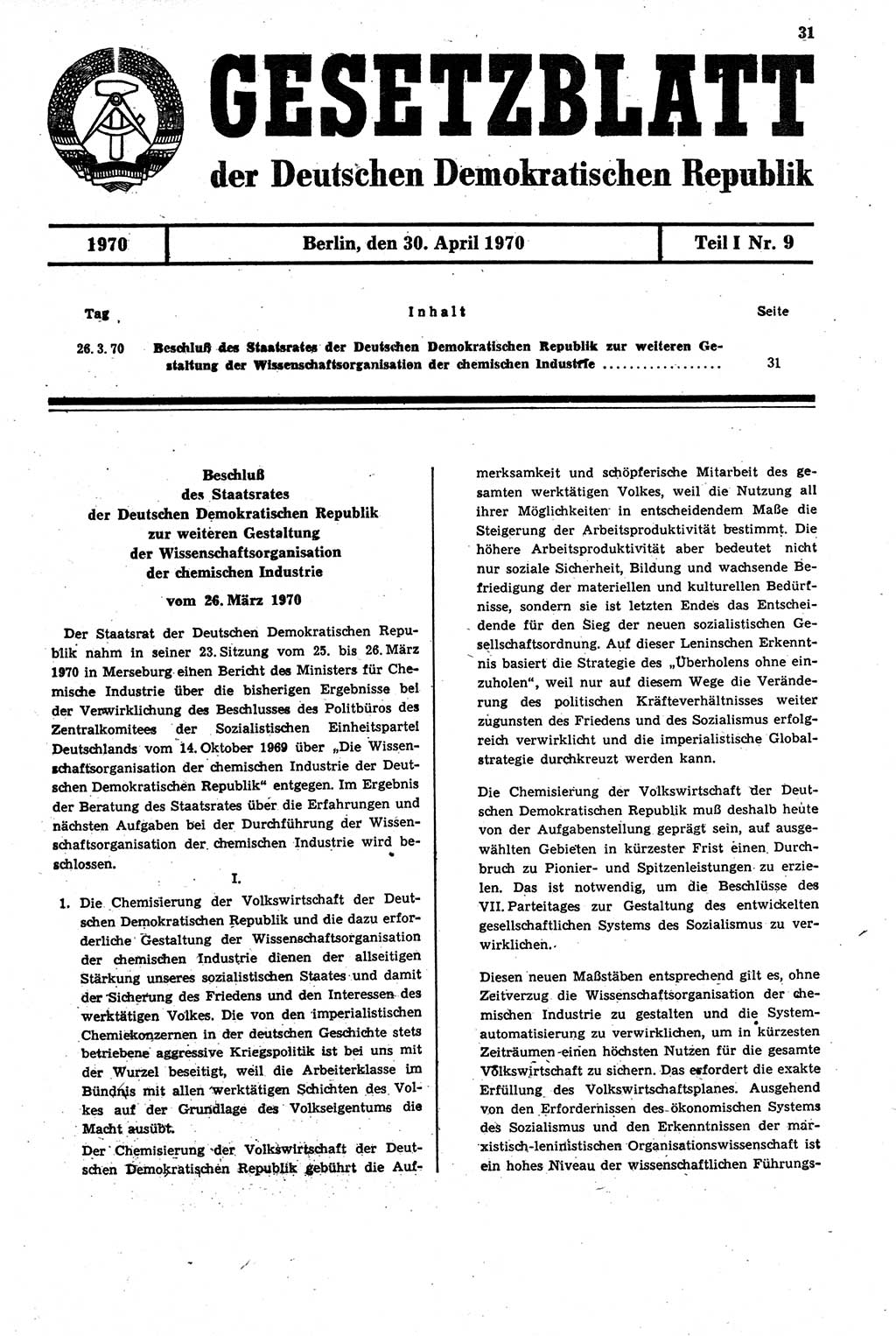 Gesetzblatt (GBl.) der Deutschen Demokratischen Republik (DDR) Teil Ⅰ 1970, Seite 31 (GBl. DDR Ⅰ 1970, S. 31)