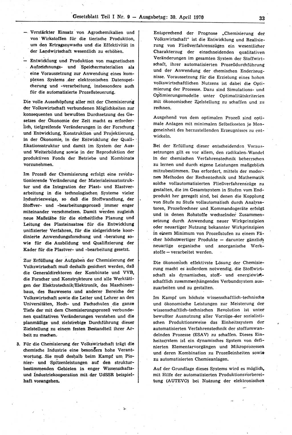 Gesetzblatt (GBl.) der Deutschen Demokratischen Republik (DDR) Teil Ⅰ 1970, Seite 33 (GBl. DDR Ⅰ 1970, S. 33)