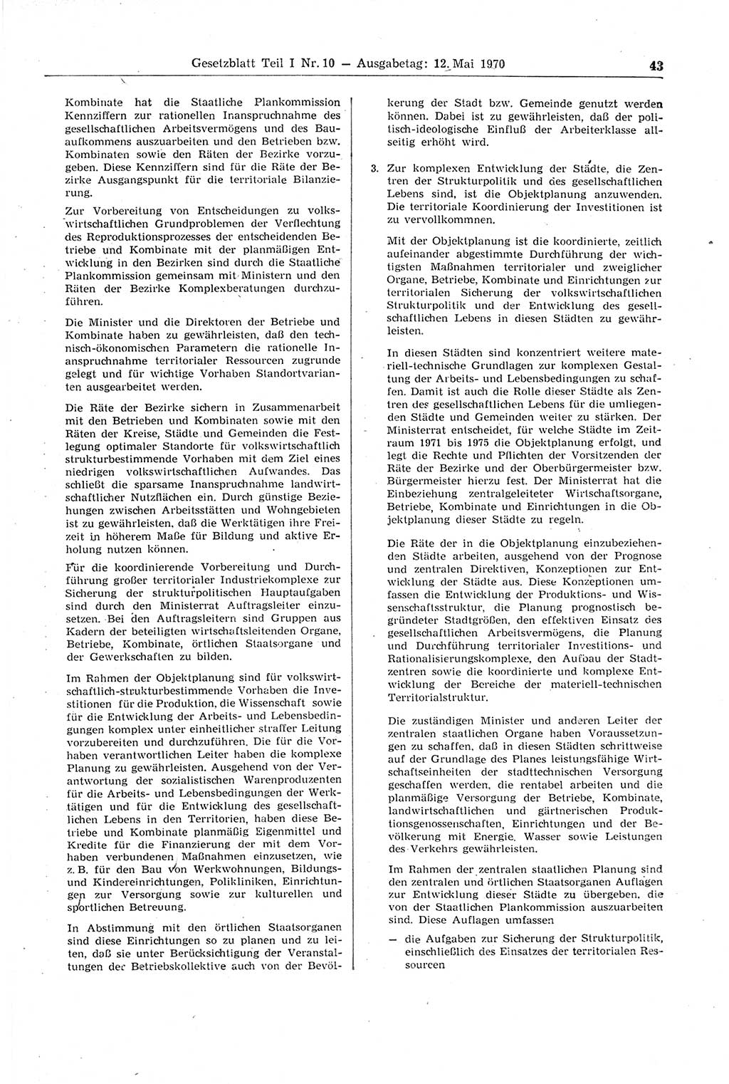 Gesetzblatt (GBl.) der Deutschen Demokratischen Republik (DDR) Teil Ⅰ 1970, Seite 43 (GBl. DDR Ⅰ 1970, S. 43)