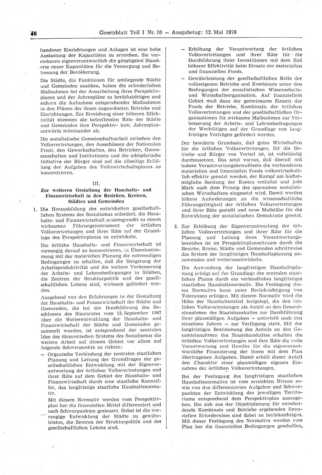 Gesetzblatt (GBl.) der Deutschen Demokratischen Republik (DDR) Teil Ⅰ 1970, Seite 46 (GBl. DDR Ⅰ 1970, S. 46)
