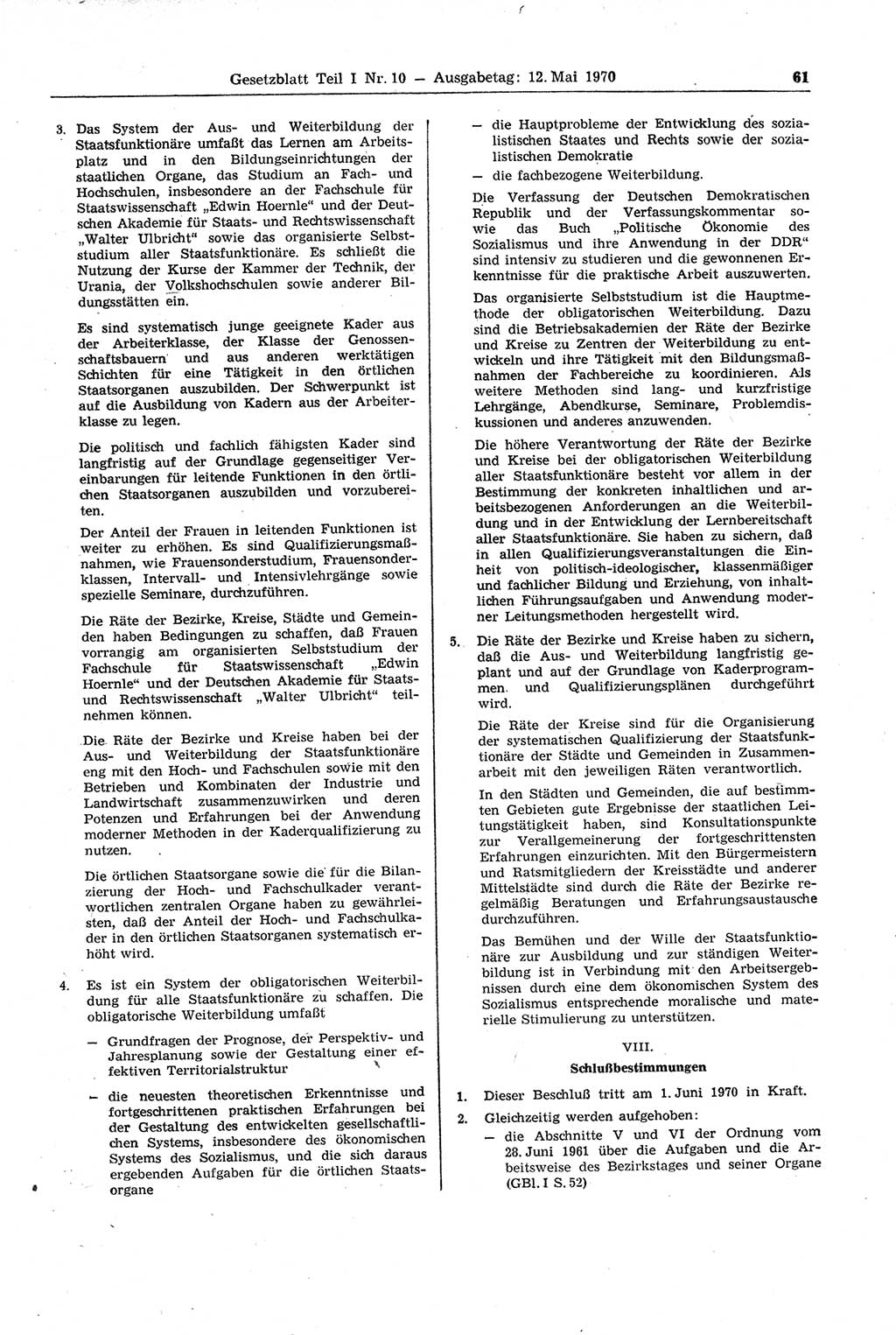 Gesetzblatt (GBl.) der Deutschen Demokratischen Republik (DDR) Teil Ⅰ 1970, Seite 61 (GBl. DDR Ⅰ 1970, S. 61)