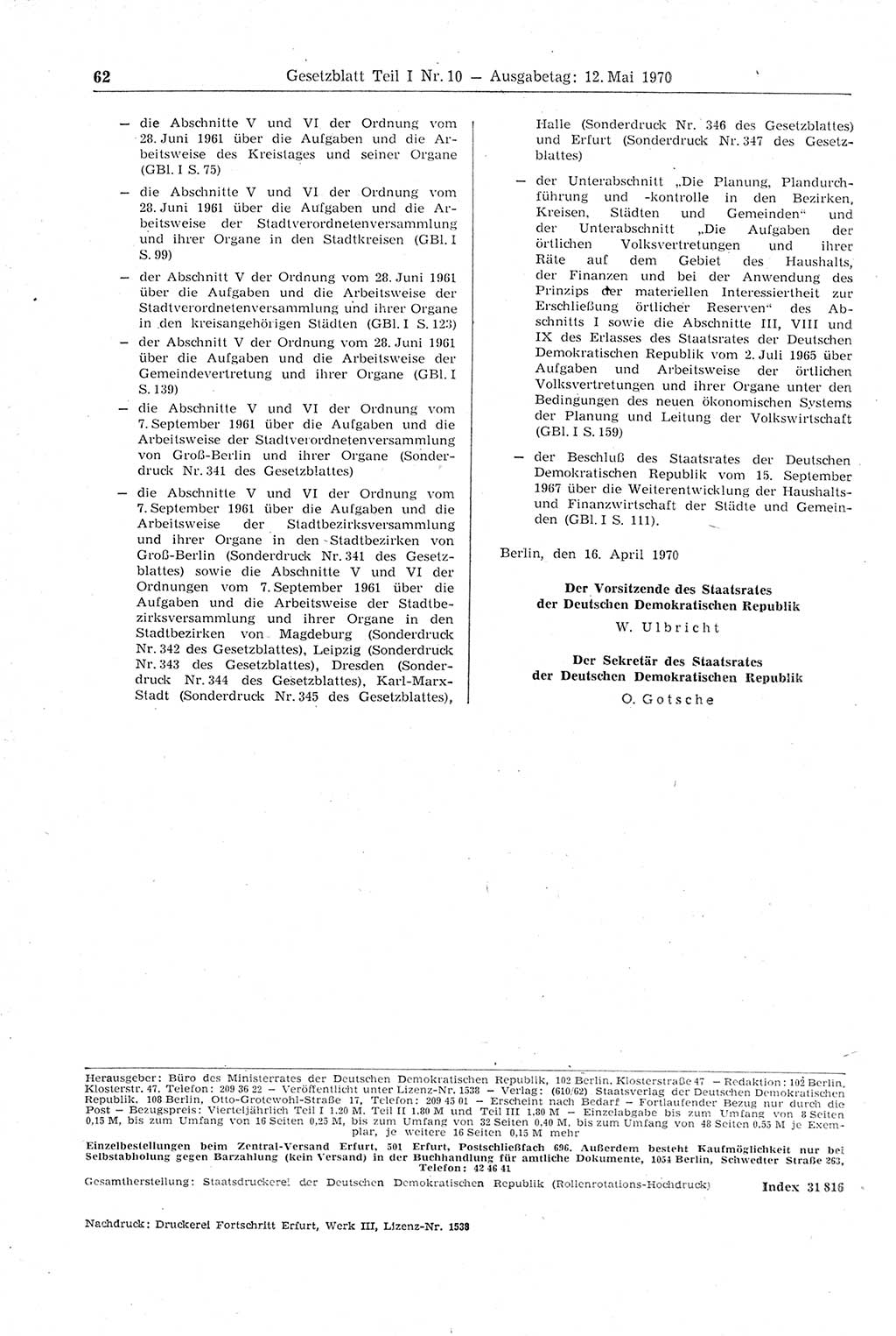 Gesetzblatt (GBl.) der Deutschen Demokratischen Republik (DDR) Teil Ⅰ 1970, Seite 62 (GBl. DDR Ⅰ 1970, S. 62)