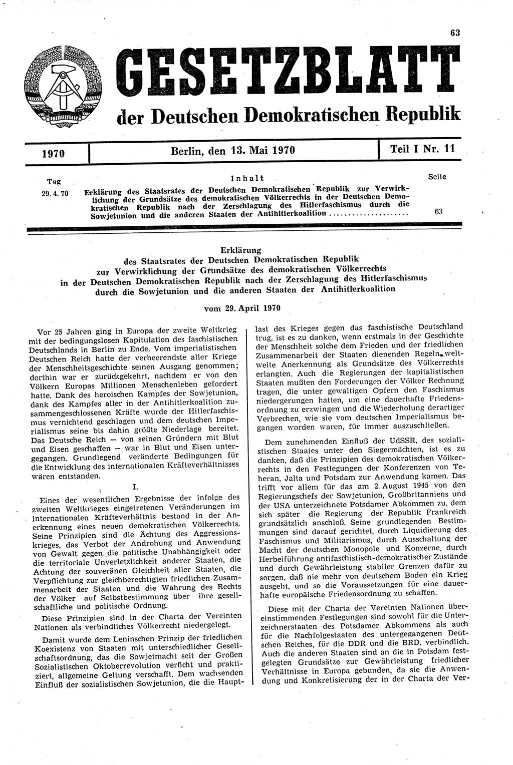 Gesetzblatt (GBl.) der Deutschen Demokratischen Republik (DDR) Teil Ⅰ 1970, Seite 63 (GBl. DDR Ⅰ 1970, S. 63)
