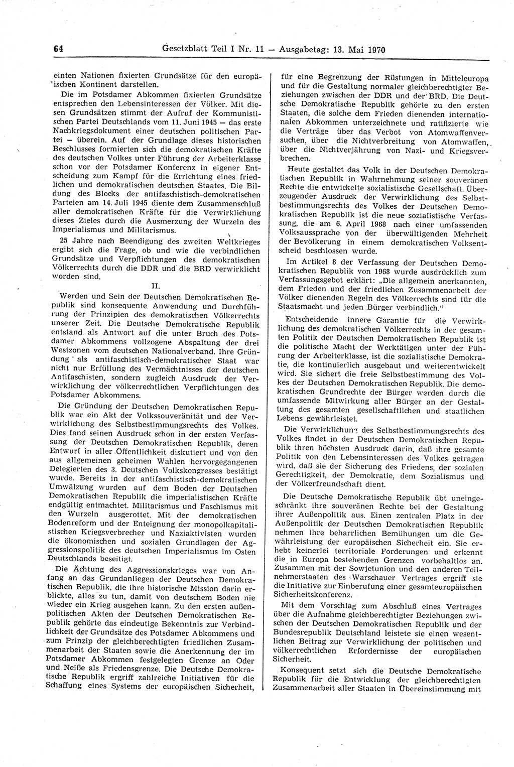 Gesetzblatt (GBl.) der Deutschen Demokratischen Republik (DDR) Teil Ⅰ 1970, Seite 64 (GBl. DDR Ⅰ 1970, S. 64)