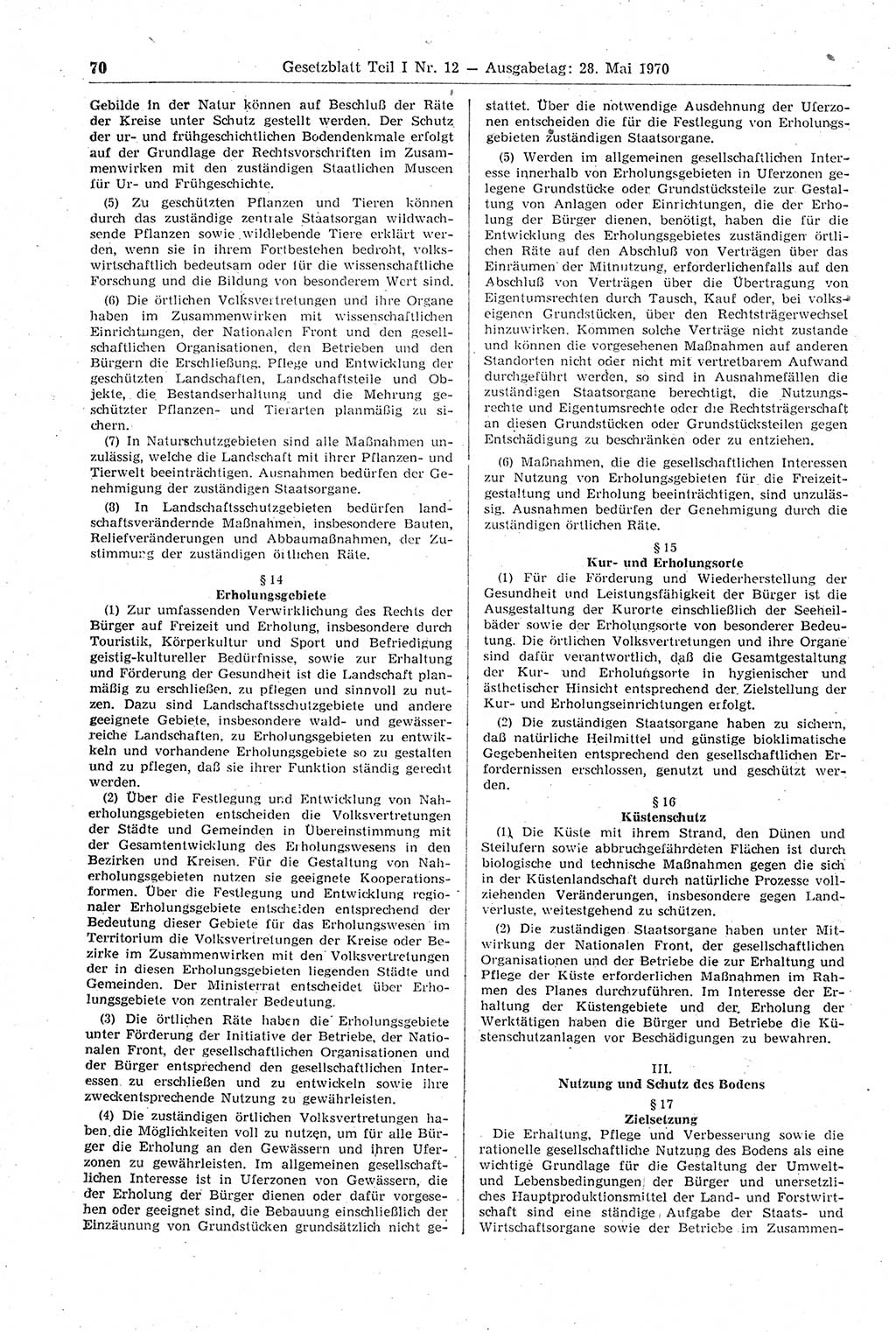 Gesetzblatt (GBl.) der Deutschen Demokratischen Republik (DDR) Teil Ⅰ 1970, Seite 70 (GBl. DDR Ⅰ 1970, S. 70)