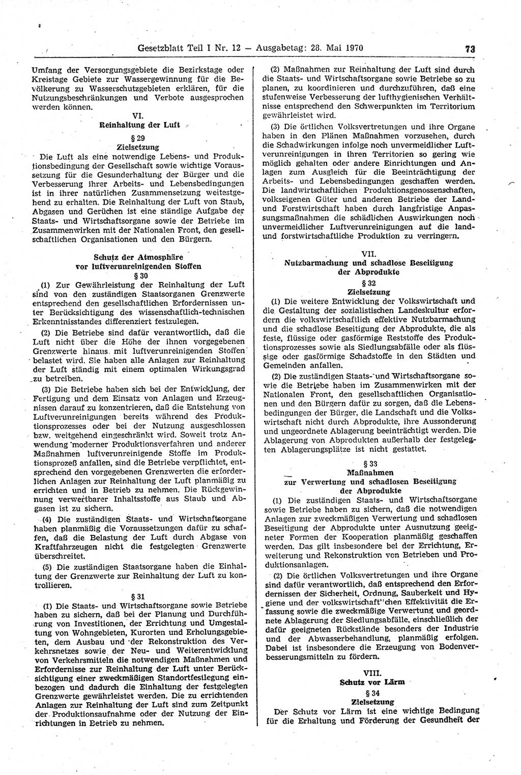 Gesetzblatt (GBl.) der Deutschen Demokratischen Republik (DDR) Teil Ⅰ 1970, Seite 73 (GBl. DDR Ⅰ 1970, S. 73)