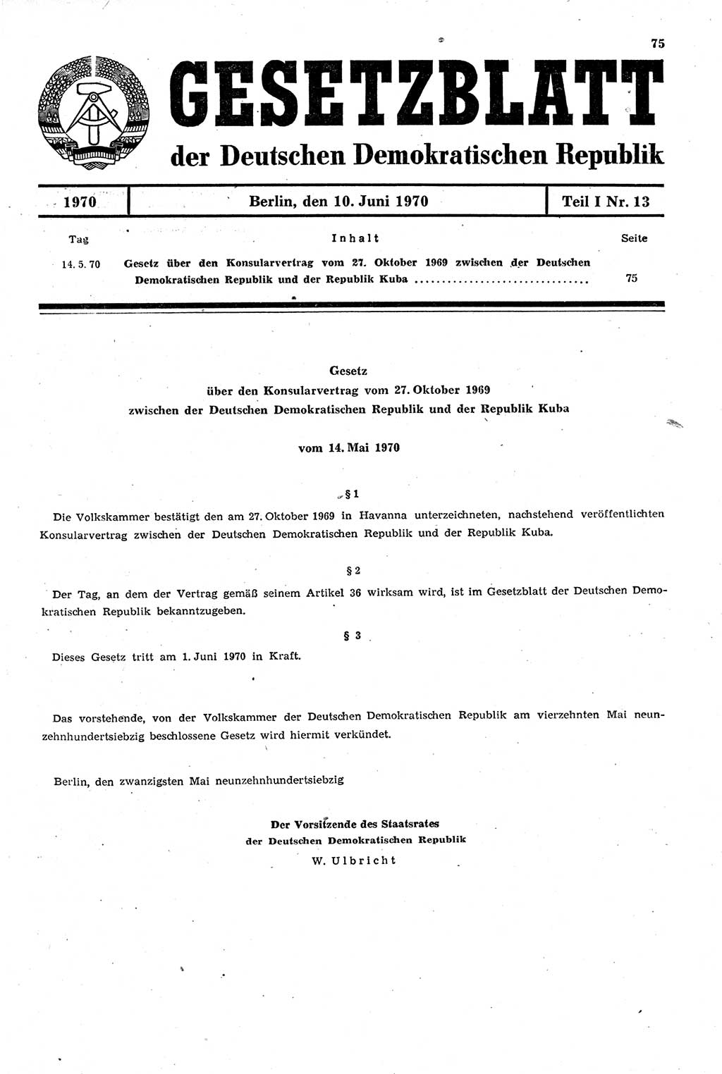 Gesetzblatt (GBl.) der Deutschen Demokratischen Republik (DDR) Teil Ⅰ 1970, Seite 75 (GBl. DDR Ⅰ 1970, S. 75)