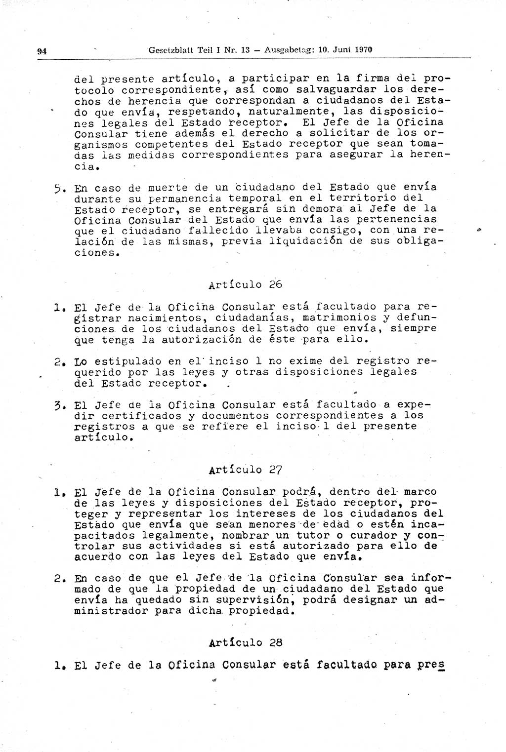Gesetzblatt (GBl.) der Deutschen Demokratischen Republik (DDR) Teil Ⅰ 1970, Seite 94 (GBl. DDR Ⅰ 1970, S. 94)