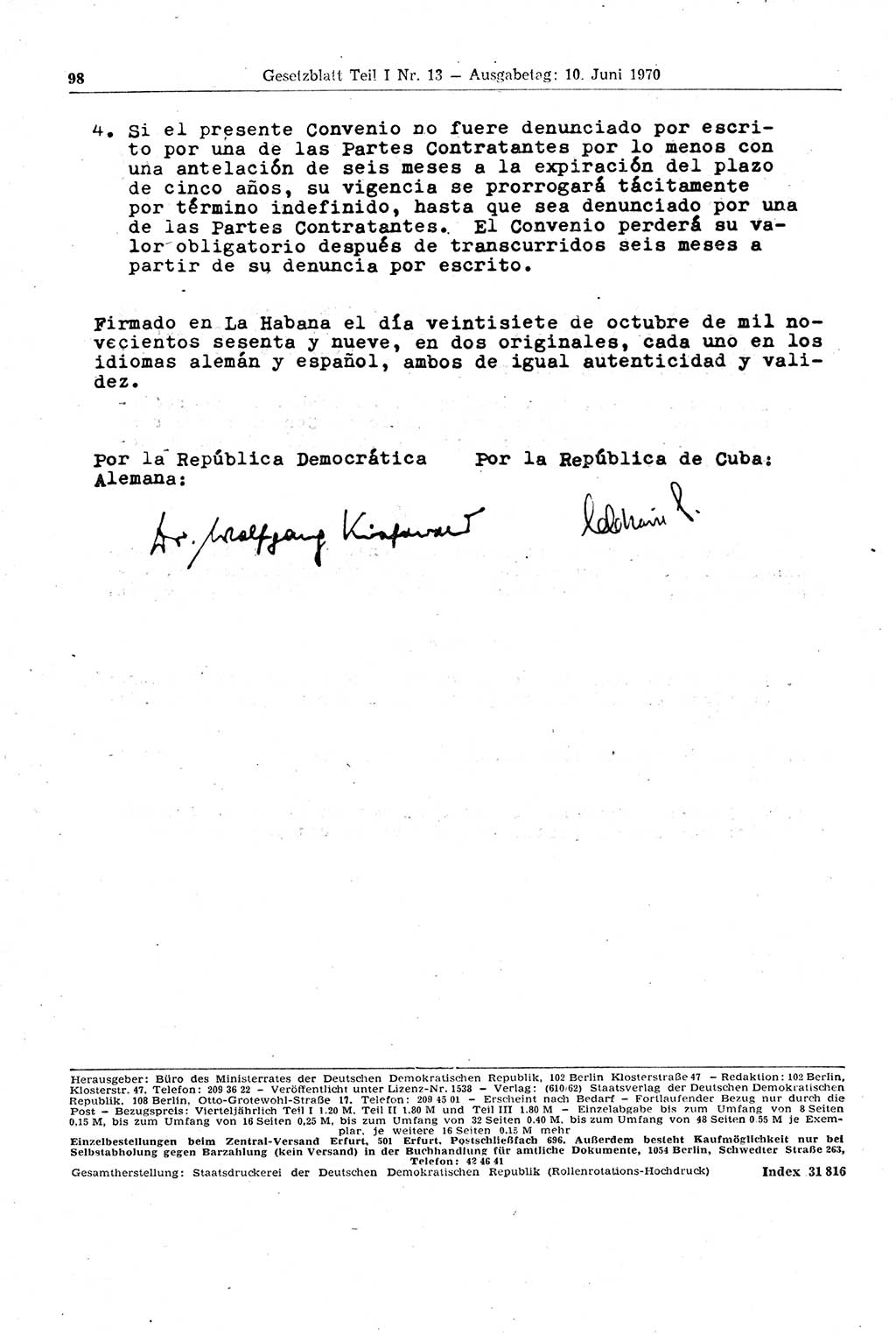 Gesetzblatt (GBl.) der Deutschen Demokratischen Republik (DDR) Teil Ⅰ 1970, Seite 98 (GBl. DDR Ⅰ 1970, S. 98)