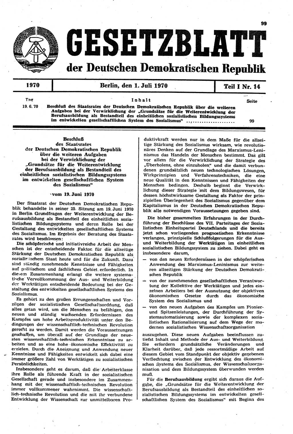 Gesetzblatt (GBl.) der Deutschen Demokratischen Republik (DDR) Teil Ⅰ 1970, Seite 99 (GBl. DDR Ⅰ 1970, S. 99)