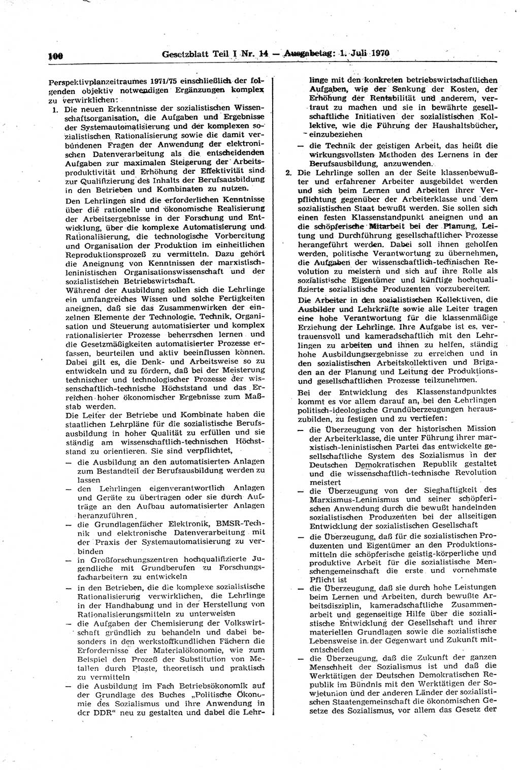 Gesetzblatt (GBl.) der Deutschen Demokratischen Republik (DDR) Teil Ⅰ 1970, Seite 100 (GBl. DDR Ⅰ 1970, S. 100)