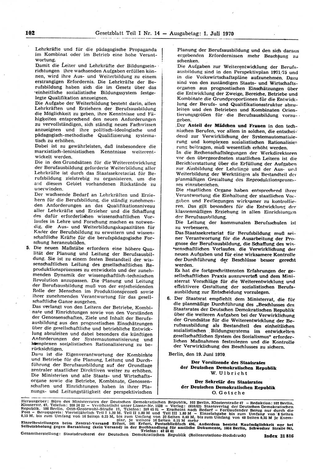 Gesetzblatt (GBl.) der Deutschen Demokratischen Republik (DDR) Teil Ⅰ 1970, Seite 102 (GBl. DDR Ⅰ 1970, S. 102)