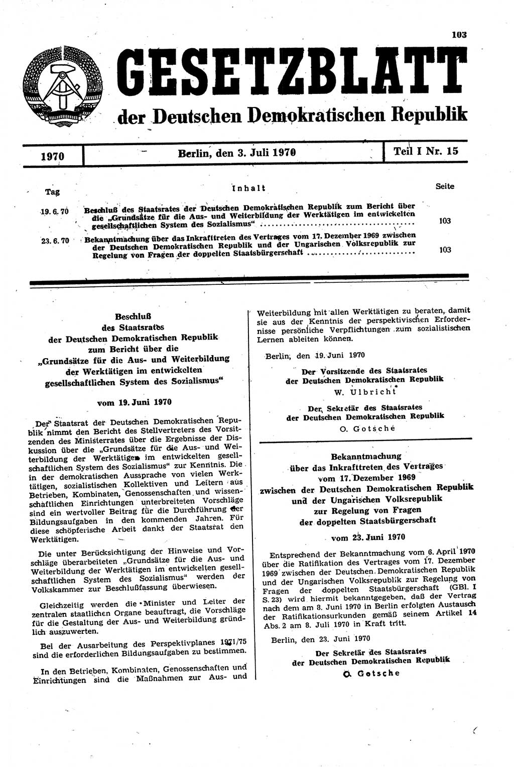 Gesetzblatt (GBl.) der Deutschen Demokratischen Republik (DDR) Teil Ⅰ 1970, Seite 103 (GBl. DDR Ⅰ 1970, S. 103)