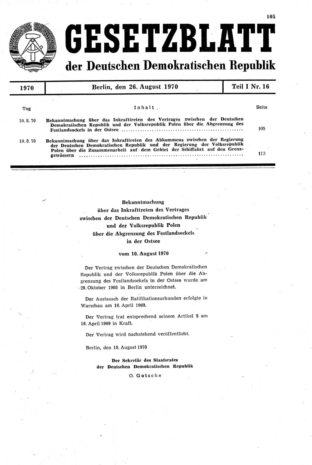 Gesetzblatt (GBl.) der Deutschen Demokratischen Republik (DDR) Teil Ⅰ 1970, Seite 105 (GBl. DDR Ⅰ 1970, S. 105)