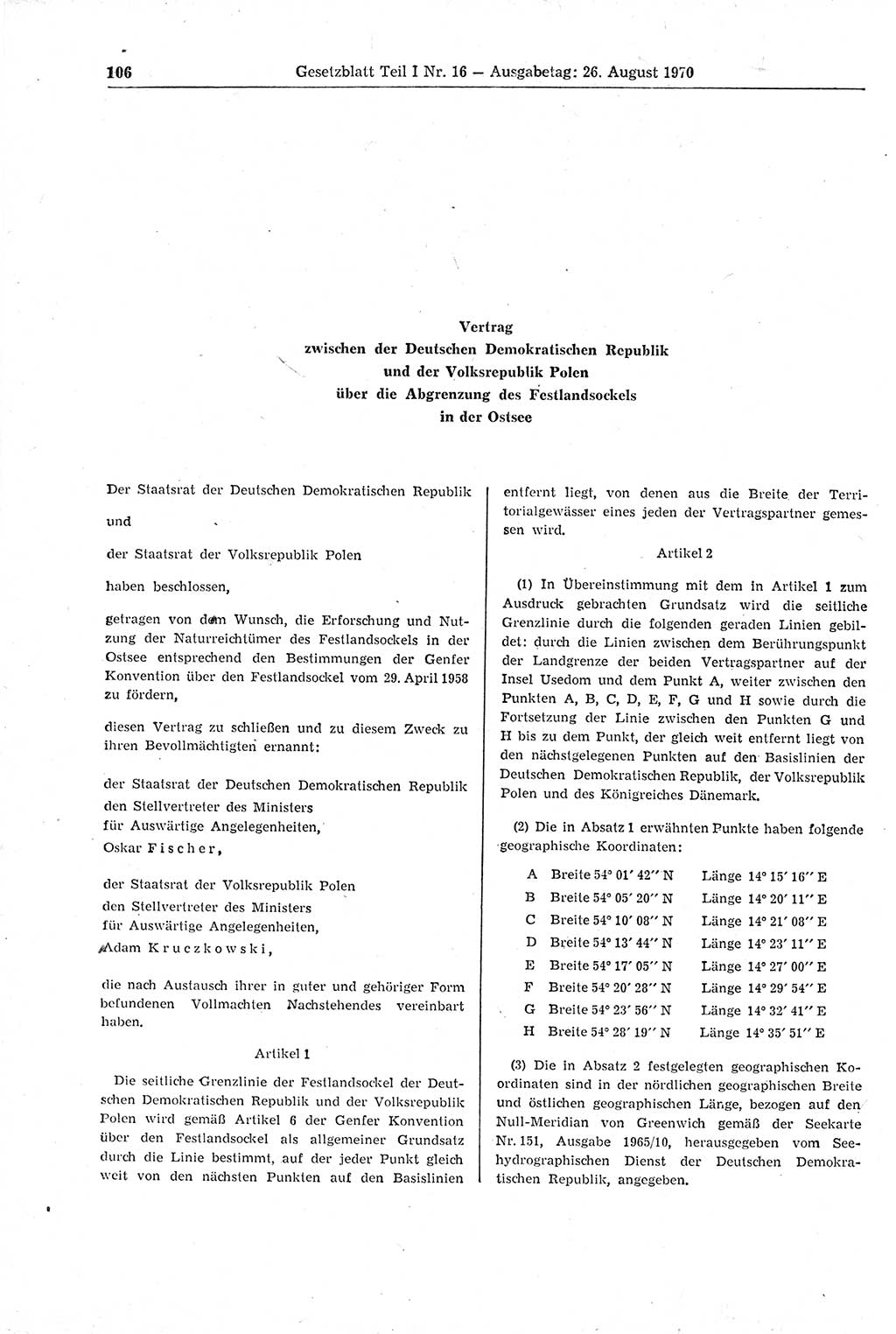 Gesetzblatt (GBl.) der Deutschen Demokratischen Republik (DDR) Teil Ⅰ 1970, Seite 106 (GBl. DDR Ⅰ 1970, S. 106)